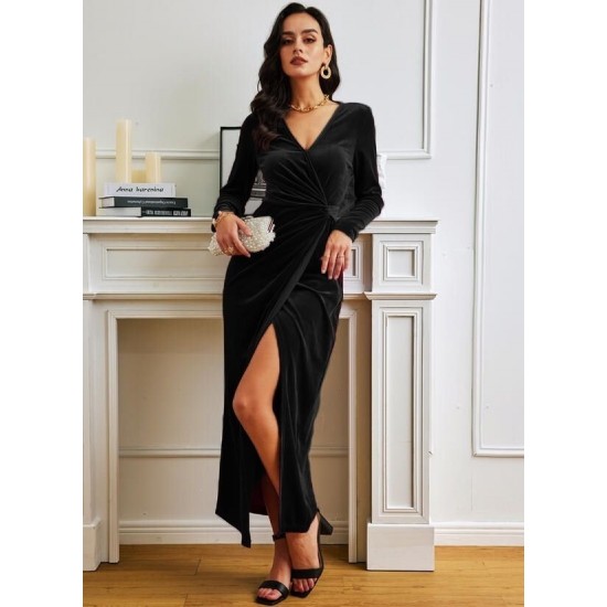 Women' S Long Sleeve Double Breasted Slit Velvet Dress, 12657