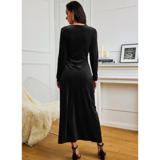 Women' S Long Sleeve Double Breasted Slit Velvet Dress, 12657