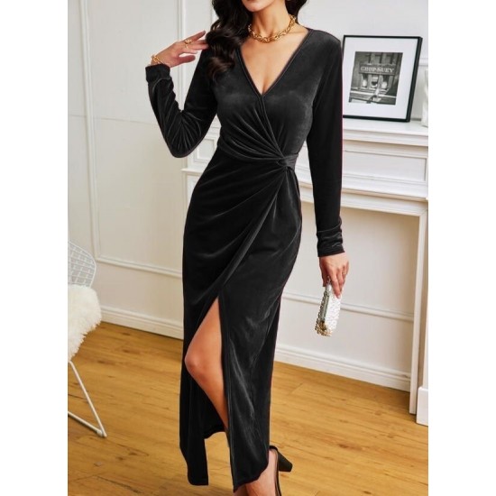 Women' S Long Sleeve Double Breasted Slit Velvet Dress, 12657