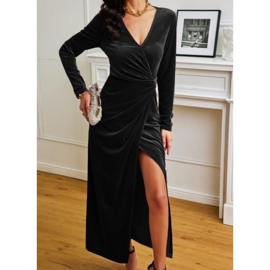 Women' S Long Sleeve Double Breasted Slit Velvet Dress, 12657