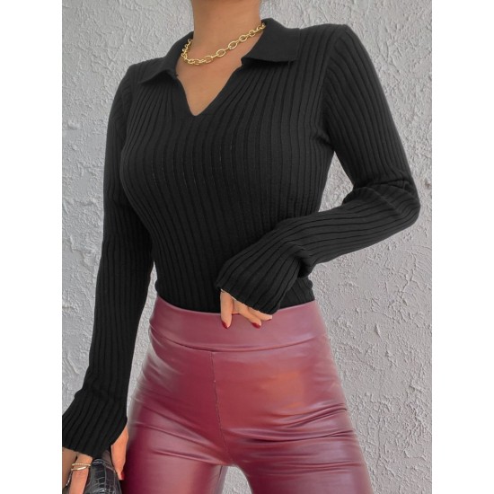 Women' S Black Polo Collar Finger Detail Knit Blouse 2047, 10897