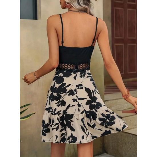 Women' S Sleeveless Strappy Double-breasted Neckline Waist Guipure Detail Skirt Floral Dress , 15876