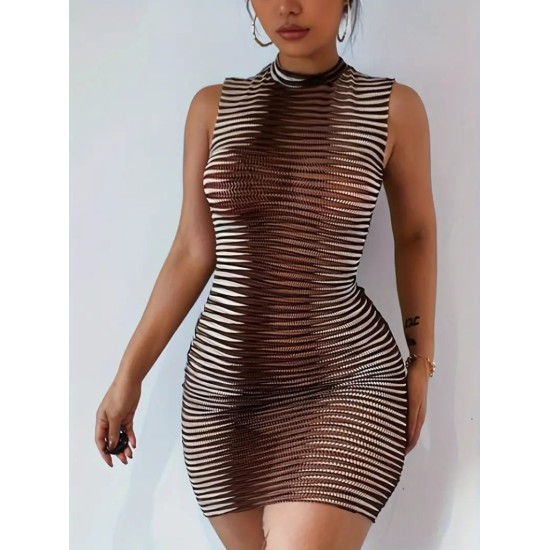 Kadın Sıfır Kol Desenli Mini Bodycon Dalgıç Elbise, 16343