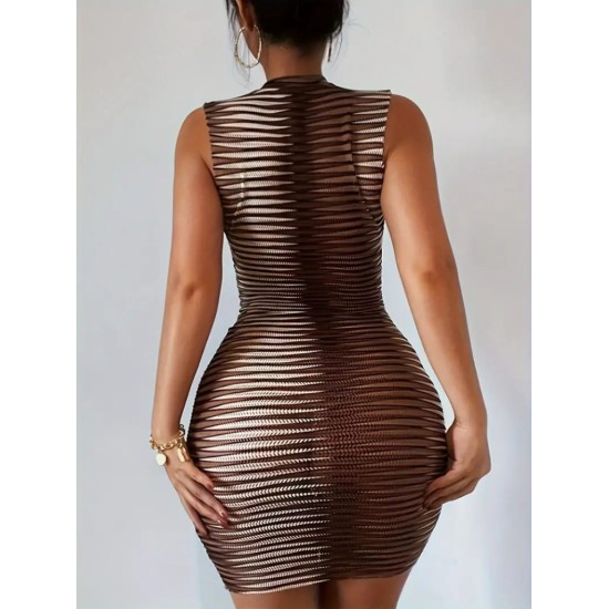 Kadın Sıfır Kol Desenli Mini Bodycon Dalgıç Elbise, 16343