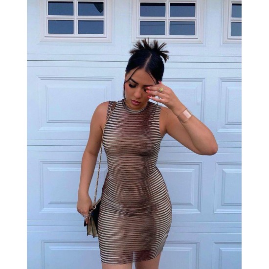 Kadın Sıfır Kol Desenli Mini Bodycon Dalgıç Elbise, 16343