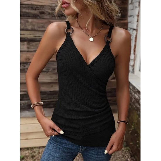 Women' S Double Breasted Collar Strap Ring Accessory Detail Waffle Blouse, 18084