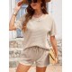 Women' S Short Sleeve Crew Neck Top And Bottom Waffle Two Piece Set , 18032