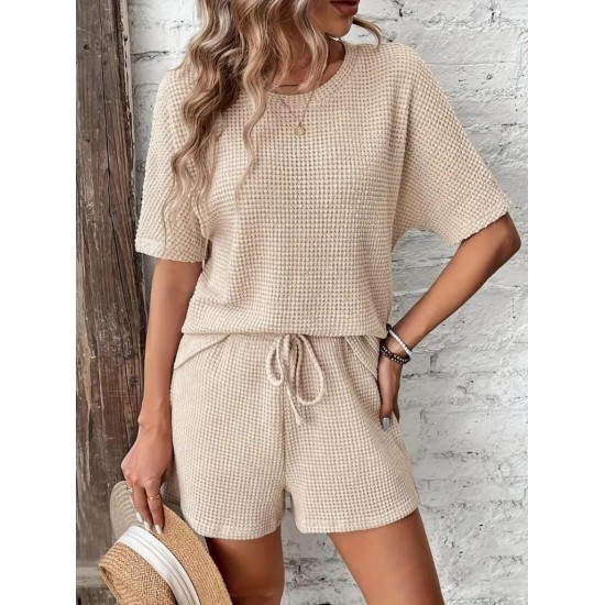 Women' S Short Sleeve Crew Neck Top And Bottom Waffle Two Piece Set , 18032