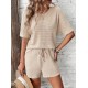 Women' S Short Sleeve Crew Neck Top And Bottom Waffle Two Piece Set , 18032