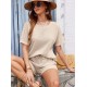 Women' S Short Sleeve Crew Neck Top And Bottom Waffle Two Piece Set , 18032