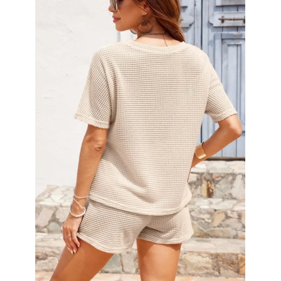 Women' S Short Sleeve Crew Neck Top And Bottom Waffle Two Piece Set , 18032