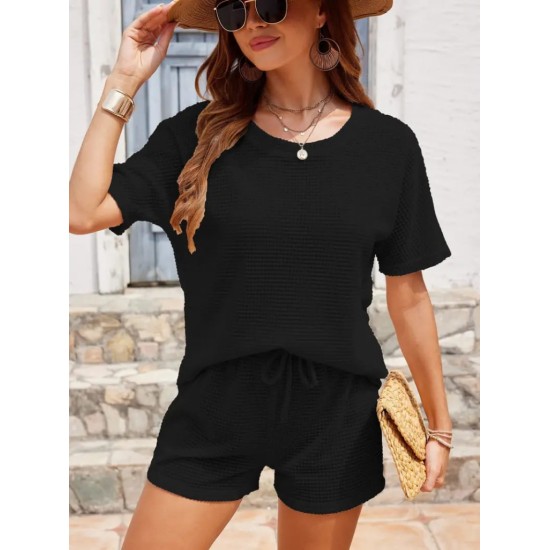 Women' S Short Sleeve Crew Neck Top And Bottom Waffle Two Piece Set , 18031