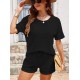 Women' S Short Sleeve Crew Neck Top And Bottom Waffle Two Piece Set , 18031