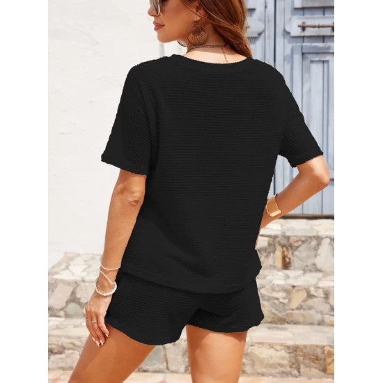 Women' S Short Sleeve Crew Neck Top And Bottom Waffle Two Piece Set , 18031