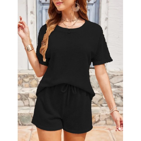 Women' S Short Sleeve Crew Neck Top And Bottom Waffle Two Piece Set , 18031