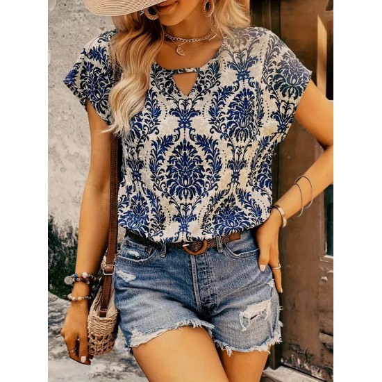 Women' S Short Sleeve Collar Detail Ethnic Pattern Single Jersey Blouse, 18113