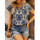 Women' S Short Sleeve Collar Detail Ethnic Pattern Single Jersey Blouse, 18113