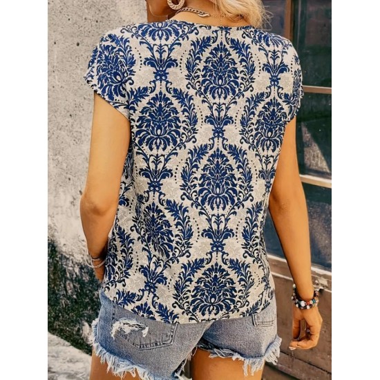 Women' S Short Sleeve Collar Detail Ethnic Pattern Single Jersey Blouse, 18113