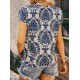 Women' S Short Sleeve Collar Detail Ethnic Pattern Single Jersey Blouse, 18113