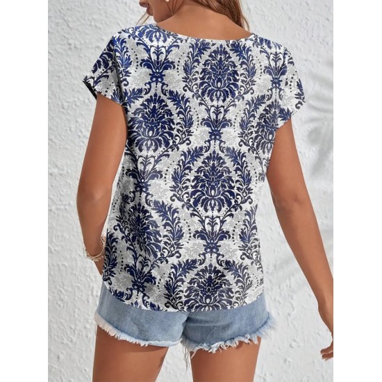 Women' S Short Sleeve Collar Detail Ethnic Pattern Single Jersey Blouse, 18113