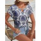 Women' S Short Sleeve Collar Detail Ethnic Pattern Single Jersey Blouse, 18113