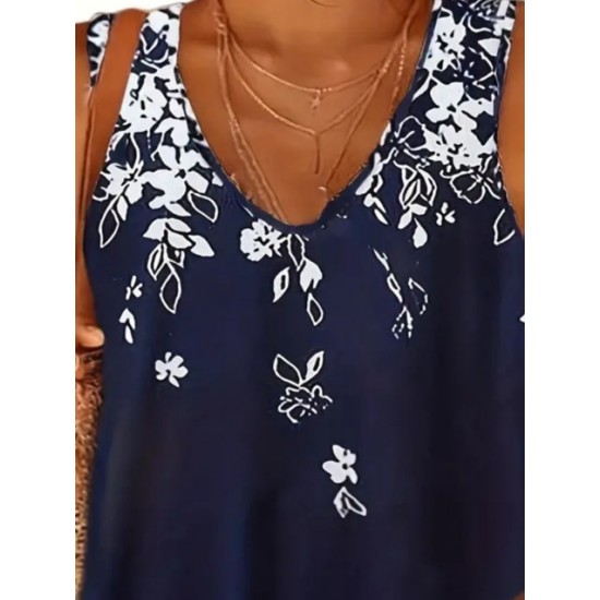 Women' S V-neck Floral Printed Sleeveless Casual Single Jersey Blouse, 17497