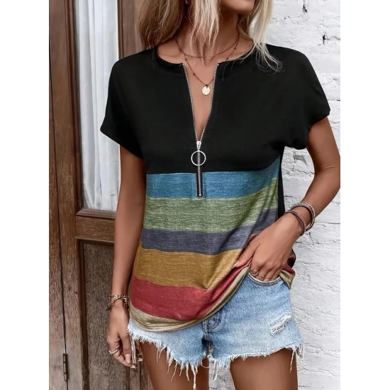 Women' S Short Sleeve Front Zipper Printed Multicolored Single Jersey Blouse, 17784