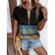 Women' S Short Sleeve Front Zipper Printed Multicolored Single Jersey Blouse, 17784