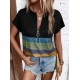 Women' S Short Sleeve Front Zipper Printed Multicolored Single Jersey Blouse, 17784