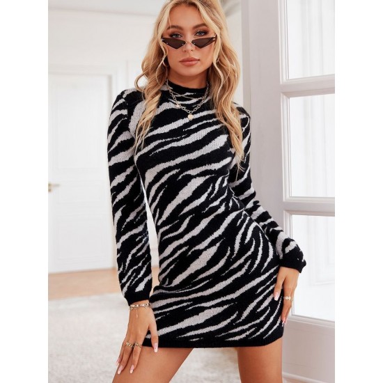 Women' S Long Sleeve Black And White Zebra Pattern Knit Dress , 5538