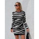 Women' S Long Sleeve Black And White Zebra Pattern Knit Dress , 5538