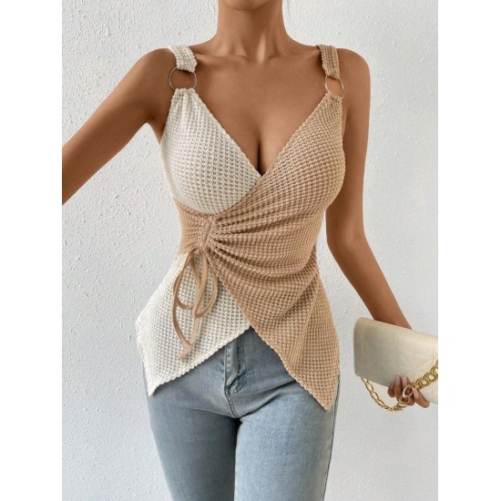 Women' S Strappy Ring Detail Double Color Asymmetrical Knitted Blouse , 18190