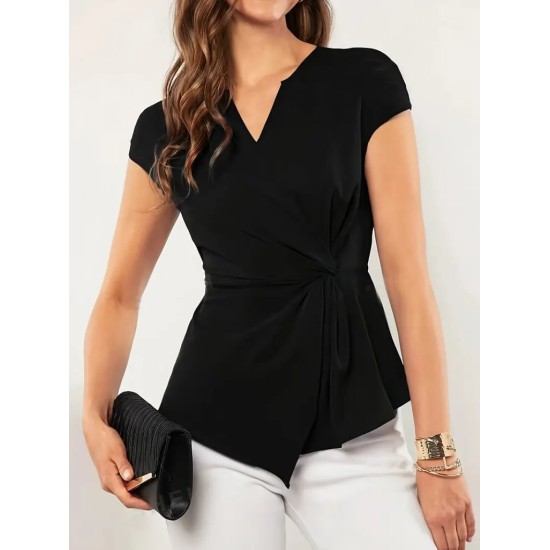 Women' S Short Sleeve V-neck Side Tie Detail Sandy Blouse , 17252