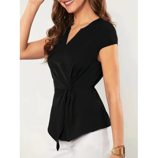 Women' S Short Sleeve V-neck Side Tie Detail Sandy Blouse , 17252