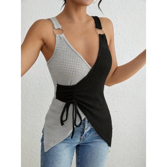 Women' S Strappy Ring Detail Double Color Asymmetric Knit Blouse , 18189