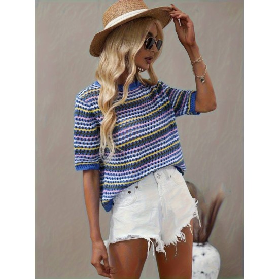 Women' S Short Sleeve Crew Neck Colorful Stripe Detailed Knit Blouse, 16015