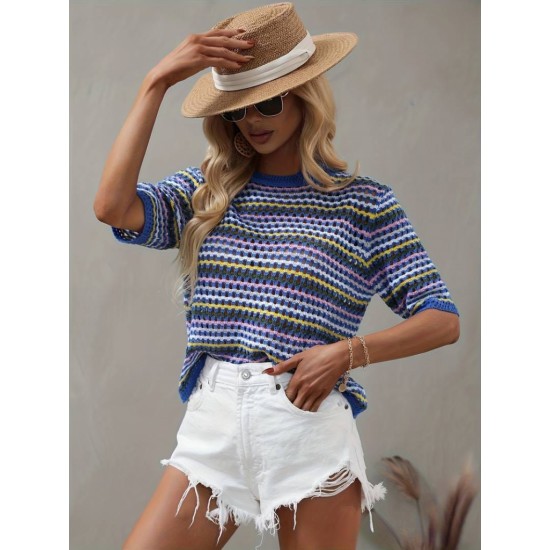 Women' S Short Sleeve Crew Neck Colorful Stripe Detailed Knit Blouse, 16015