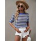 Women' S Short Sleeve Crew Neck Colorful Stripe Detailed Knit Blouse, 16015