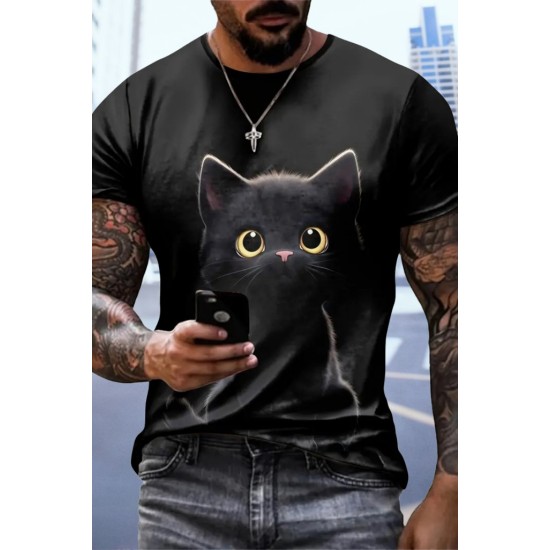 Erkek Bisiklet Yaka Kedi Baskılı Süprem T-shirt , 18566