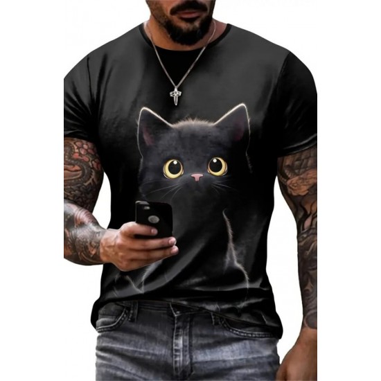 Erkek Bisiklet Yaka Kedi Baskılı Süprem T-shirt , 18566