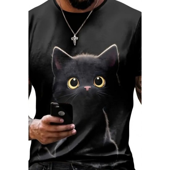 Erkek Bisiklet Yaka Kedi Baskılı Süprem T-shirt , 18566