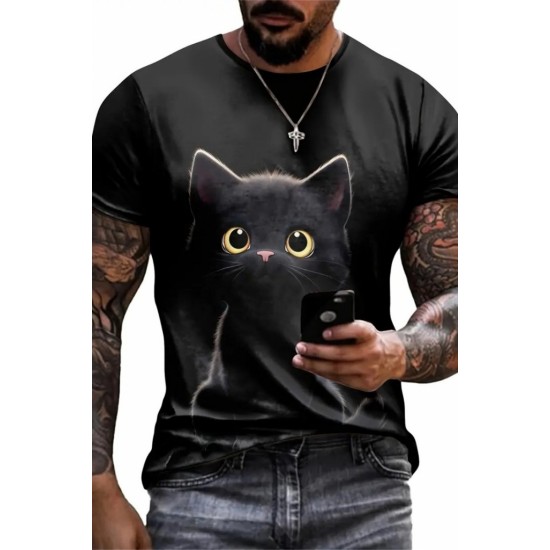 Erkek Bisiklet Yaka Kedi Baskılı Süprem T-shirt , 18566