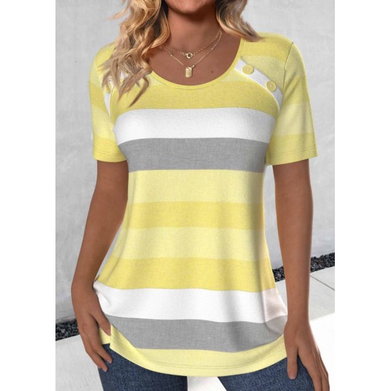 Women' S Short Sleeve Crew Neck Button Detail Single Jersey Blouse, 18507