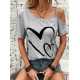 Women' S One-shoulder String Strap Short Sleeve Heart Printed Viscose Blouse , 18624