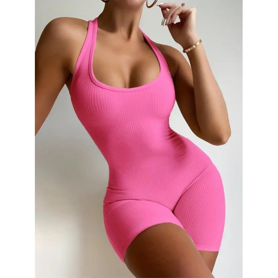 Kadın Kolsuz Sırt Sporcu Kesim Kaşkorse Mini Bodycon Tulum , 16770