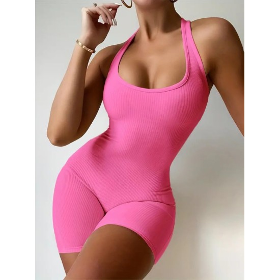 Kadın Kolsuz Sırt Sporcu Kesim Kaşkorse Mini Bodycon Tulum , 16770